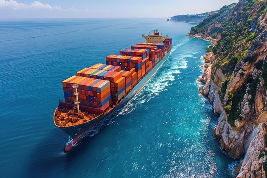 Marine grandiosity: a container ship with cargo fits perfectly into the bright blue picture of the ocean under a clear blue sky