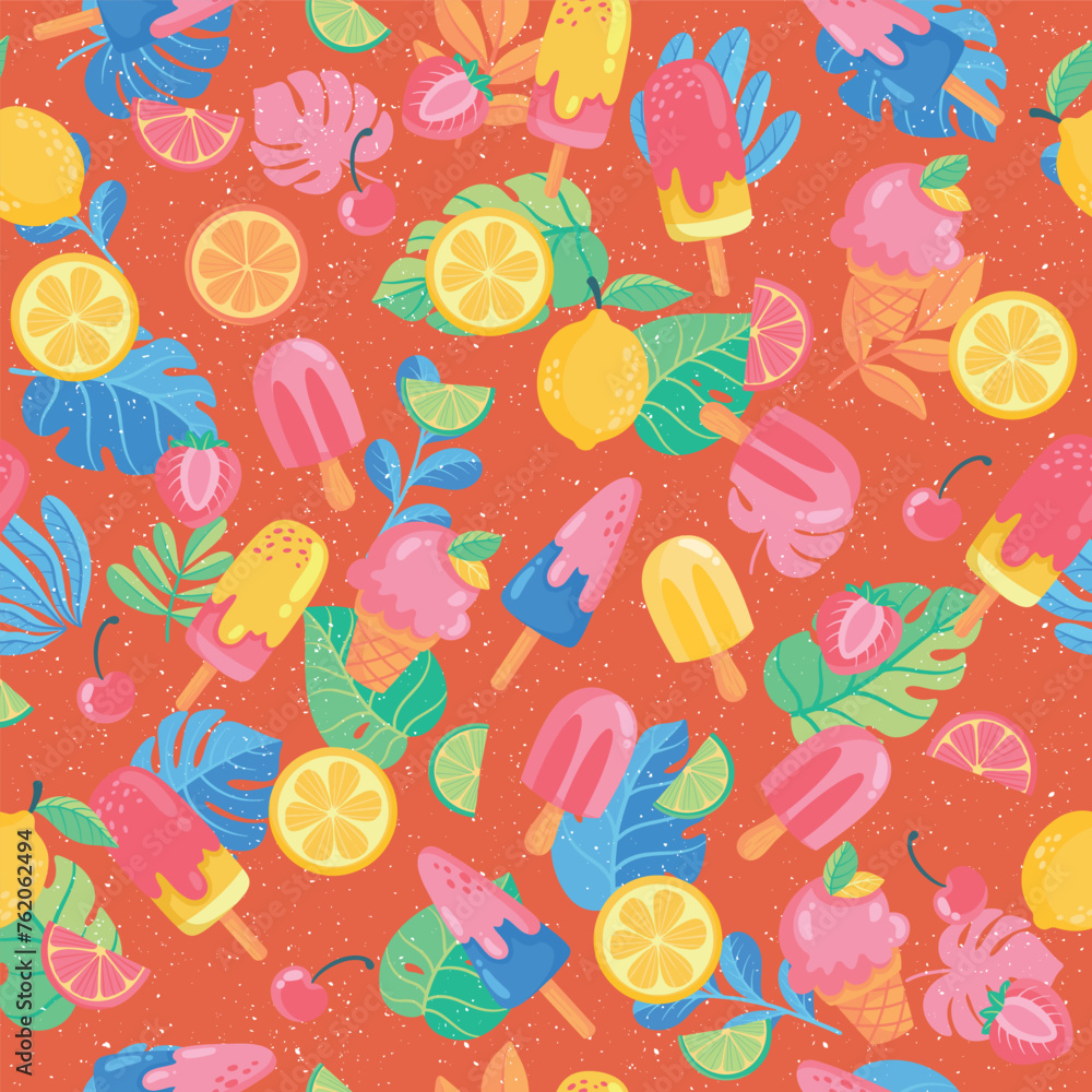 Aufkleber Summer pattern with delicious ice cream and lemon slices. Leaves on background, vector type bright summer pattern.