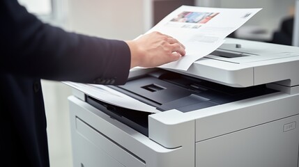 an office worker is using a printing machine - obrazy, fototapety, plakaty