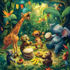 Playful Jungle Jam: A Vibrant Assembly of Happy Animals in The Forest