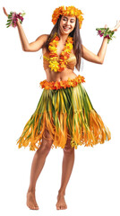 A delighted young woman in a hula dancer costume, isolated on white.