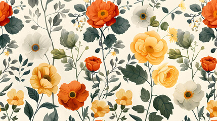 Seamless pattern background with vintage botanical illustrations of flowers and leaves in muted colors. Perfect for textile design, wallpaper, or retro-themed decoration. - obrazy, fototapety, plakaty