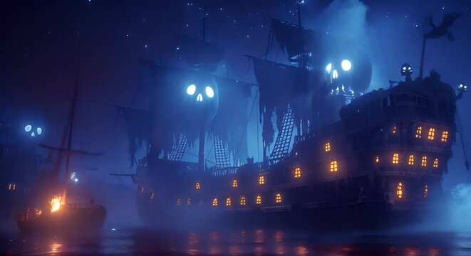 A haunted pirate ship with ghost crew, eerie cartoon 3D