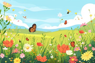 A meadow full of beautiful flowers, bees and butterflies in spring or summer