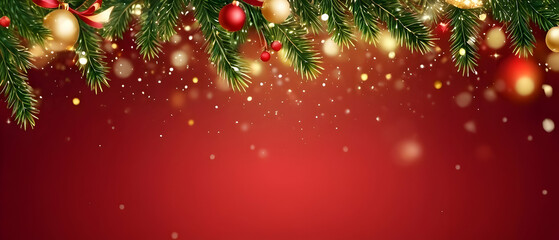 Christmas decoration border with fir branches and golden glitter confetti and sparkles of lights blur bokeh on red background. Bright Christmas and New Year holiday frame.