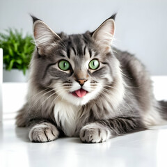 Obraz premium Funny large long haired gray kitten with beautiful big green eyes lying on white floor. Lovely fluffy cat