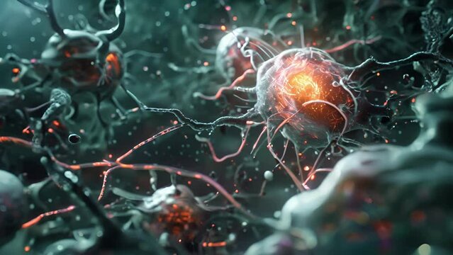 Closeup of a of tumor cells under attack by a group of powerful nanorobots destroying them from within.