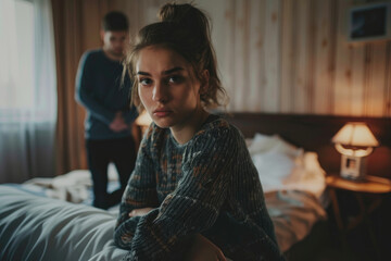Scared woman sitting on bed with arms crossed, man standing behind her and trying to talk in the bedroom at home. Row between young couple after fight about love and definitely - obrazy, fototapety, plakaty