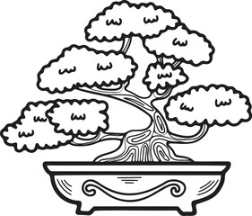 Hand Drawn Japanese and Chinese style bonsai trees in flat style