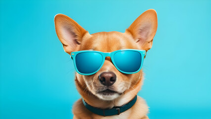 Portrait of adorable funny dog wearing sunglasses isolated on light cyan. Copyspace. - obrazy, fototapety, plakaty
