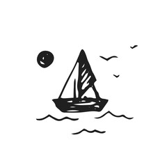 Sailboat at sea under the sun and with seagulls. Sailboat in vector. Stylised boat at sea in vector.