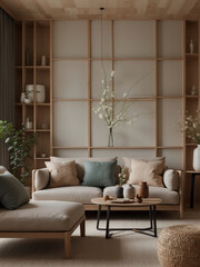 Harmonische Japandi-Wohnzimmereinrichtung mit sanften Farben und eleganten Holzelementen - obrazy, fototapety, plakaty