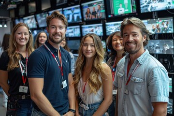 Obraz premium A Team in Front of a Wall with Screens: A Modern Look for a Creative Production