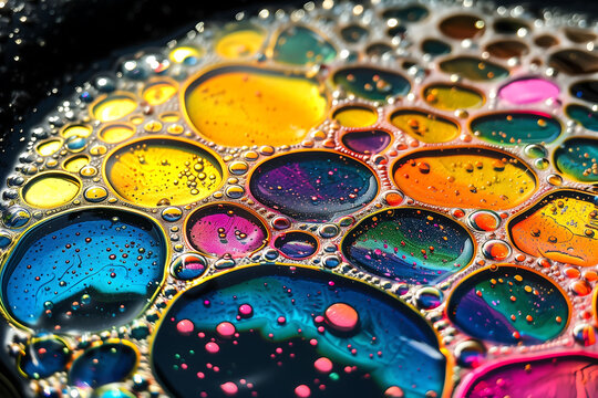 Abstract background of colorful oil bubbles with rainbow colors and shiny golden sparkle.