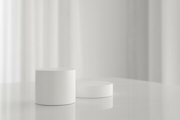 Set of white cylinder pedestal podium on white table background