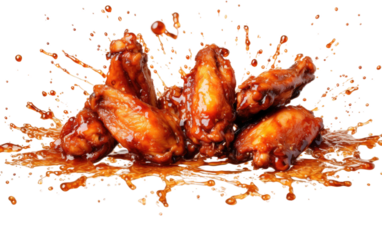 Pile of Chicken Wings Covered in Sauce. On a White or Clear Surface PNG Transparent Background.