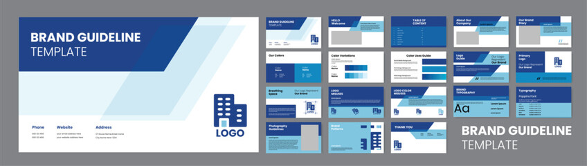 Style Guide Template for Branding Guidelines. Blue Accent Presentation Design. - obrazy, fototapety, plakaty