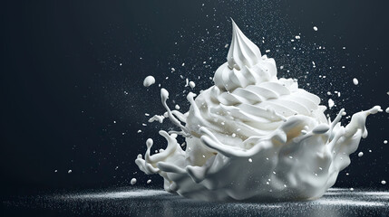 Whipped cream splashing on a blue background. - obrazy, fototapety, plakaty