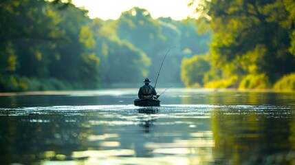 Tranquil River Fishing: A Summer Scene of a Fisherman with Lush Green Trees - obrazy, fototapety, plakaty