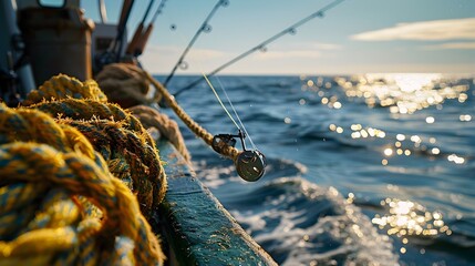 Golden Light on Fishing Gear: A Close-up Study of a Boat and Rope in the Ocean - obrazy, fototapety, plakaty