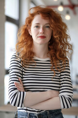 portrait of red hair curly woman with striped tshirt arms crossed in office, professional photography