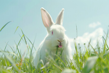 A white rabbit with pink lips eating grass in a meadow