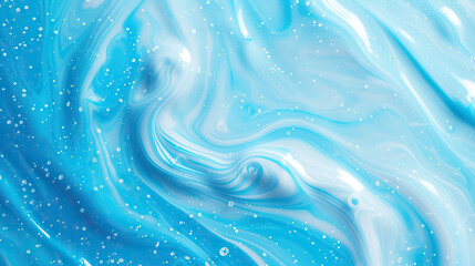 Abstract background of blue and white liquid acrylic paint with sequins.