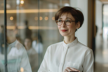 A photo of an attractive senior business woman with short hair, wearing glasses 