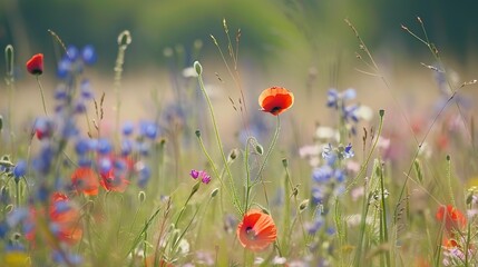 A tranquil meadow filled with wildflowers swaying in the breeze, bees buzzing from bloom to bloom