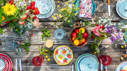 A top view of a garden party table setting with floral plates, colorful napkins, and summer - themed decorations, set on a rustic wooden table.