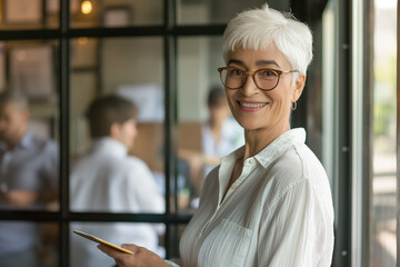 A photo of an elegant senior businesswoman with short silver hair and glasses, smiling 