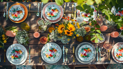 A top view of a garden party table setting with floral plates, colorful napkins, and summer - themed decorations, set on a rustic wooden table. - Powered by Adobe