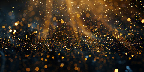 Abstract gold glitter rain on dark background, golden particles and lights . gold bokeh background, Happy New Year Celebration Sparkles Banner, space for text.banner 