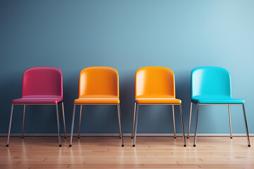 Colorful array of chairs with one standing out in blue against a minimalist backdrop conveying uniqueness or individuality.