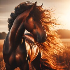 horse in sunset - obrazy, fototapety, plakaty