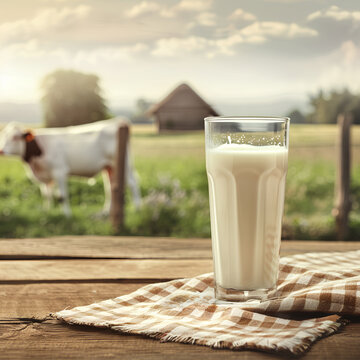 A glass of milk on a rustic table with a cow and farm landscape in the background, depicting fresh produce.