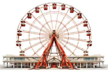 A Large Ferris Wheel in Front of a Building. On a White or Clear Surface PNG Transparent Background.