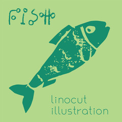 Abstract fish hand drawn illustration, water living emblem. Vector fishery drawing. Linoleum print texture. Aquatic wildlife logo design. Hydrous symbol design. Engraved fishing icon. - 762067611
