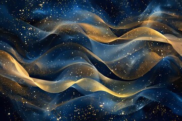 Abstract Golden Swirls and Particles Against a Deep Blue Backdrop