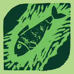 Abstract fish hand drawn illustration, water living emblem. Vector fishery drawing. Linoleum print texture. Aquatic wildlife logo design. Hydrous symbol design. Engraved fishing icon. - 762067637