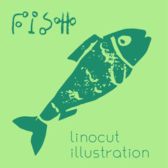 Abstract fish hand drawn illustration, water living emblem. Vector fishery drawing. Linoleum print texture. Aquatic wildlife logo design. Hydrous symbol design. Engraved fishing icon. - 762067646