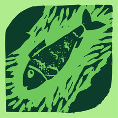 Abstract fish hand drawn illustration, water living emblem. Vector fishery drawing. Linoleum print texture. Aquatic wildlife logo design. Hydrous symbol design. Engraved fishing icon. - 762067664