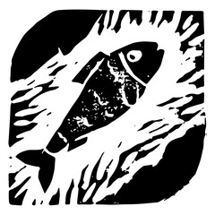 Abstract fish hand drawn illustration, water living emblem. Vector fishery drawing. Linoleum print texture. Aquatic wildlife logo design. Hydrous symbol design. Engraved fishing icon. - 762067681