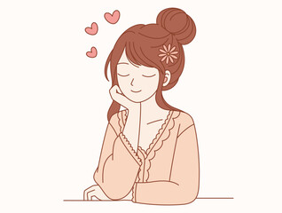 Vector illustration attractive, charming, well groomed beautiful, gentle, calm cheerful young girl hugging herself. Simple flat vector.