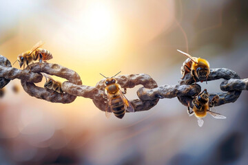 honey bees on rusty chain
