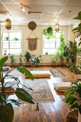 Serene yoga studio with students practicing various poses and meditation techniques, surrounded by plants and soothing music, Generative AI