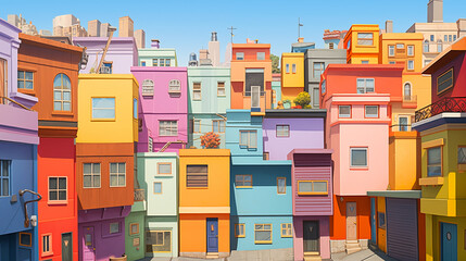 Colorful cityscape, pastel building. Pastel color building aesthetic background. Colorful townhouses