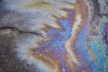 Spills of fuel or oil on the asphalt road as texture or background.