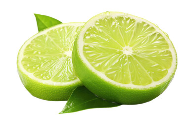 Two Limes With Leaves on a White Background. On a White or Clear Surface PNG Transparent Background.