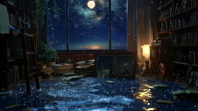 A study room's window reveals a river's tranquil flow under the starry night sky, creating a peaceful ambiance, Seamless looping 4k video background animation
